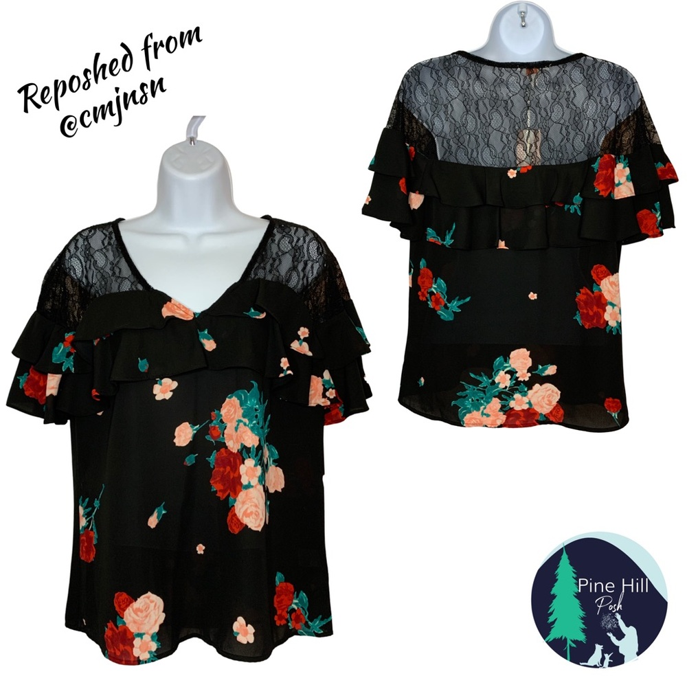 Floral Lace Ruffle Short-Sleeve Top - Black with Coral & Teal Flowers